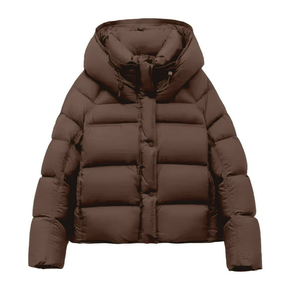 Cnbwig Jackets for Women Winter Coats Winter Hooded Padded Jacket Short Quilted Coat Solid Color Lightweight Warm Thick Outerwear Fashion Parkas Warm Coats Coffee S