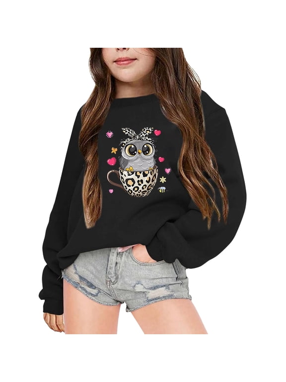 Kids Girls Sweatshirts Hoodies Graphic Tee Children's Autumn Cute Cartoon Night Owl Printed Crew Neck Long Sleeved Sweatshirt Tops Hoodies Cute Pullovers Tops A-Black 3-4 T