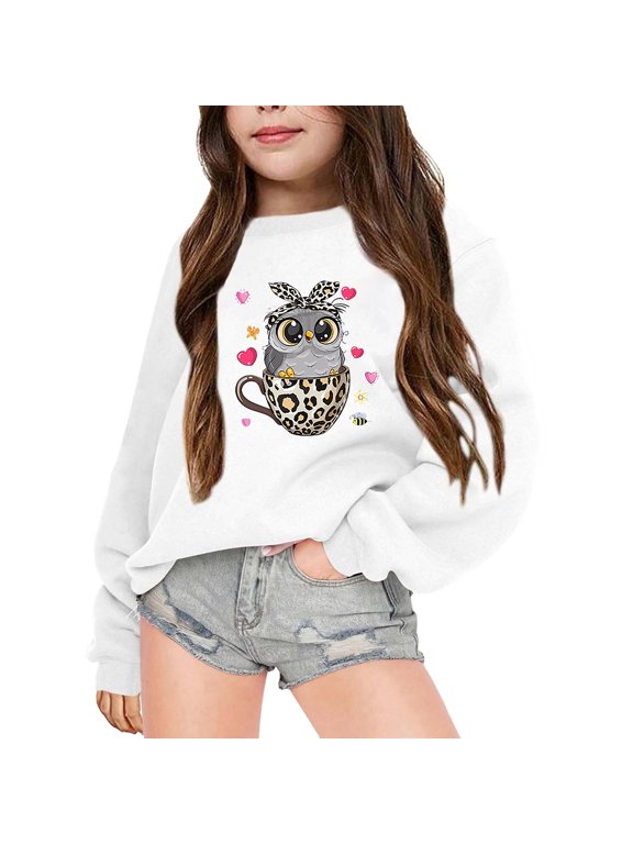 Kids Girls Sweatshirts Hoodies Graphic Tee Children's Autumn Cute Cartoon Night Owl Printed Crew Neck Long Sleeved Sweatshirt Tops Hoodies Cute Pullovers Tops A-White 3-4 T