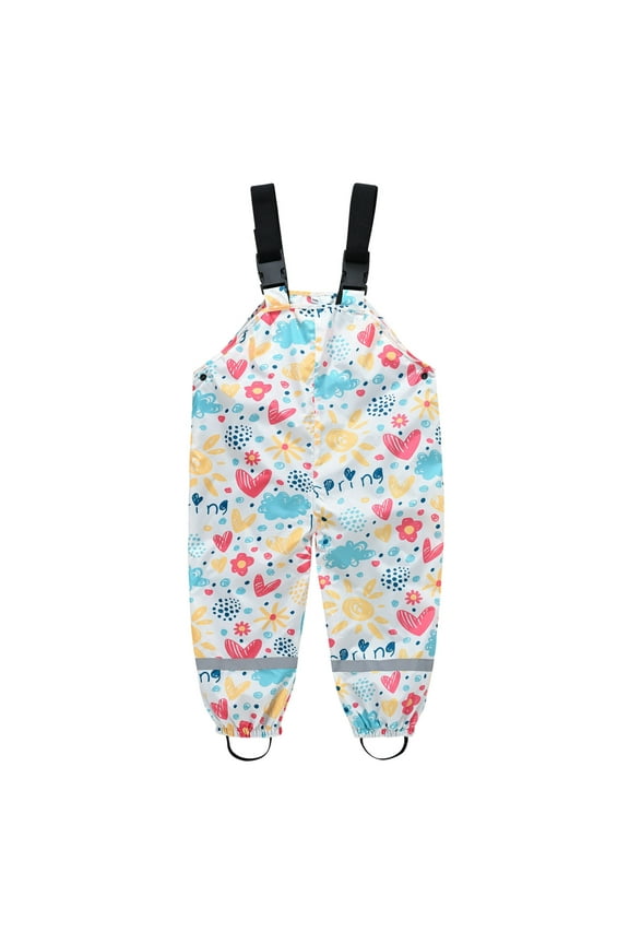 Kids Raincoat for Boys and Girls Suspender Floral Printed Toddler Boys Rain Dungarees Windproof Mud Jumpsuit with Reflective Stripe Outdoor Play Rain Wear Windbreaker A White 2-3 T