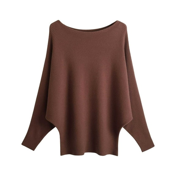 Cnbwig Knitted Sweater for Women Threaded Solid Color Crew Neck Shirt Loose Long Sleeve Oversized Knitted Sweaters Pullover Blouses C-Coffee One Size