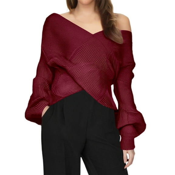 Cnbwig Ladies' Sweater Off Shoulder Tops Casual V Neck Solid Color Long Sleeved Knitted Sweater Pullover Women's Cardigan A-Red M