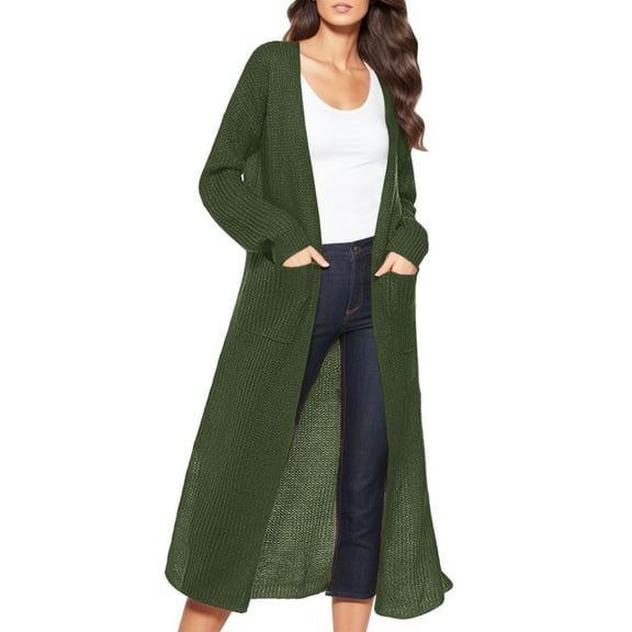 Cnbwig Long Cardigan Sweaters for Women Solid Color Cardigan Sweater with Slit Large Pockets Long Thin Coat Lightweight Loose Cardigans A-Green XL