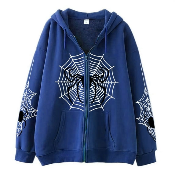 Cnbwig Men and Women Sweatshirts Zip up Womens Spider Printed Hoodies Jacket Plus Size Womens Hoodies Casual Long Sleeve Plain Tops with Pockets Z1-Blue M