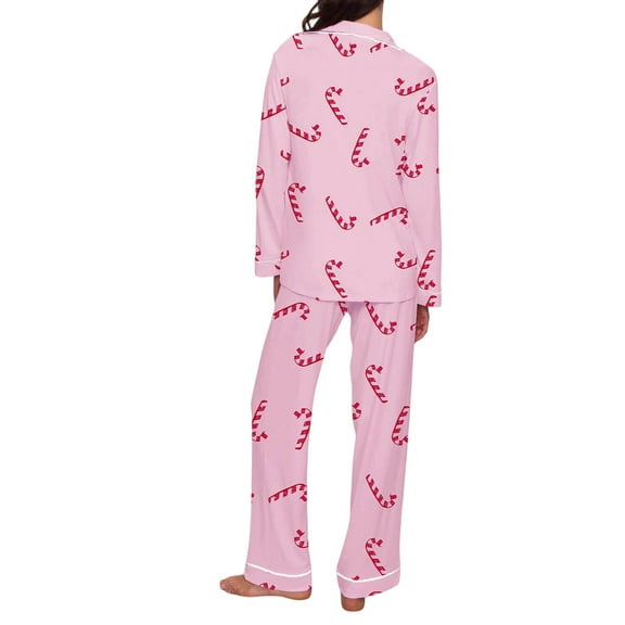 Cnbwig Outfit for Womens Sleepwear Pjs Sets Christmas Candy Print Button Lapel Shirts Straight Leg Elastic Waist Pants Pajama Soft Milk Silk Loungewear Tops and Pants Sets Basic Outfits E-Pink XL