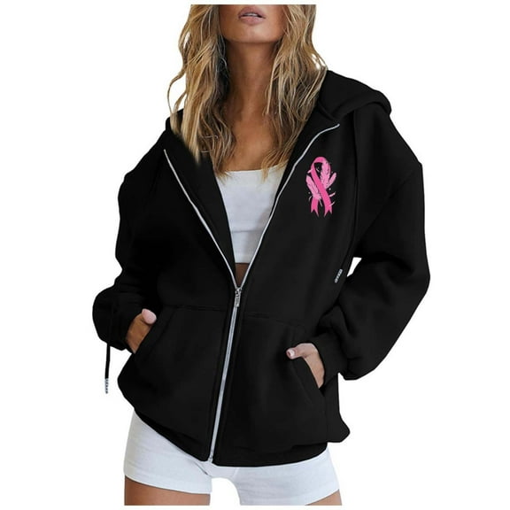 Cnbwig Oversized Sweatshirt for Women Cancer Day Ribbon Feather Print Zipper Long Sleeve Drawstring Sports Loose with Pocket Trend Hoodies for Fall A-Black L