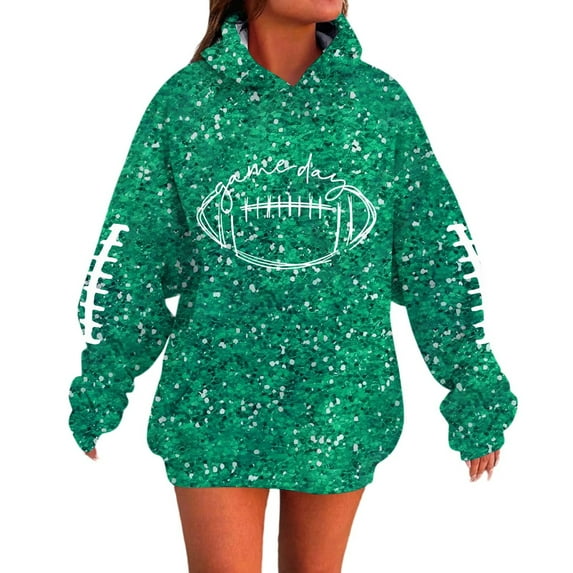 Cnbwig Oversized Sweatshirts for Women Rugby Printed Sequins Hooded Drop Shoulder Long Sleeve Glitter Pullover with Drawstring Pockets Loungewear Womens Trendy Sweatshirt Green XXXXL