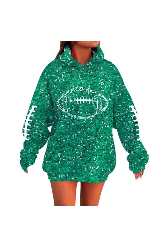 Oversized Sweatshirts for Women Rugby Printed Sequins Hooded Drop Shoulder Long Sleeve Glitter Pullover with Drawstring Pockets Loungewear Womens Trendy Sweatshirt Green XXXL