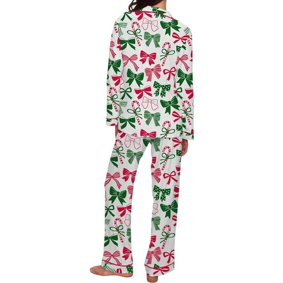 Cnbwig Pajamas for Women Sets Pjs Suits Christmas Bow Print Button Lapel Shirts Straight Leg Elastic Waist Pants Pajama Soft Milk Silk Loungewear Ladies Lounge Sleepwear Suits A-Green L