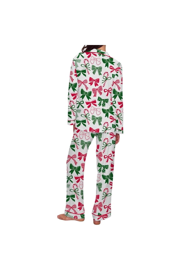 Pajamas for Women Sets Pjs Suits Christmas Bow Print Button Lapel Shirts Straight Leg Elastic Waist Pants Pajama Soft Milk Silk Loungewear Ladies Lounge Sleepwear Suits A-Green L