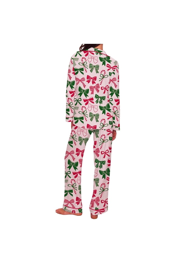 Pajamas for Women Sets Pjs Suits Christmas Bow Print Button Lapel Shirts Straight Leg Elastic Waist Pants Pajama Soft Milk Silk Loungewear Ladies Lounge Sleepwear Suits A-Pink XL