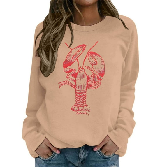 Cnbwig Pullover Sweatshirt Ladies Tops Graphic Lobster Claw Printed Sweatshirt Cute Funny Hoodless Long Sleeve Crewneck Top Hooded Sweaters Winter Clothes A9-Khaki L