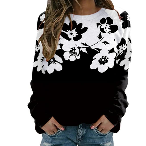 Cnbwig Pullover Sweatshirt for Women Casual Floral Print Long Sleeve Hoodless Crew Neck Drop Shoulder Sweatshirt Loose Tops Fall Tops Lightweight Sweatshirts A1-Black XXL