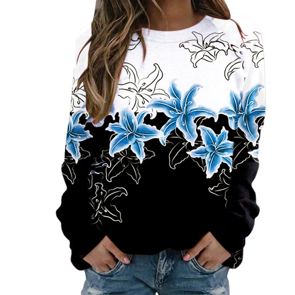 Cnbwig Pullover Sweatshirt for Women Casual Floral Print Long Sleeve Hoodless Crew Neck Drop Shoulder Sweatshirt Loose Tops Fall Tops Lightweight Sweatshirts A3-Light Blue XL
