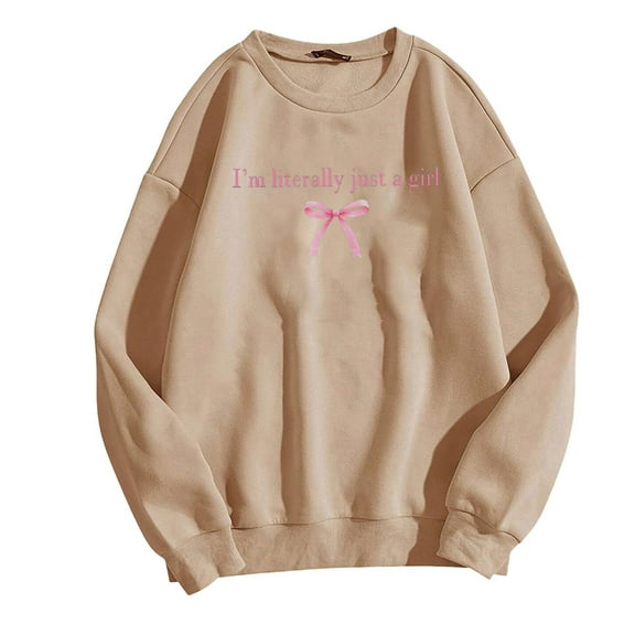 Cnbwig Pullover Sweatshirt for Women Cute Bow Letter Printed Sweatshirt Crewneck Graphic Tee Long Sleeve Hoodless Tops Fall Tops Lightweight Sweatshirts A3-Khaki XXL