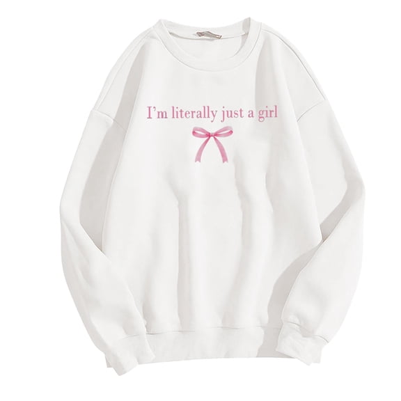 Cnbwig Pullover Sweatshirt for Women Cute Bow Letter Printed Sweatshirt Crewneck Graphic Tee Long Sleeve Hoodless Tops Fall Tops Lightweight Sweatshirts A7-White M