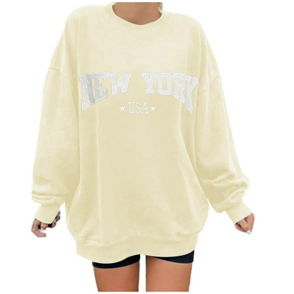 Cnbwig Pullover Sweatshirts Tops Womens Letter Print Sweatshirt Crewneck Long Sleeve Drop Shoulder Loose Fit Casual Sweatshirt Hooded Sweatshirts Ladies Tops A10-Beige XL