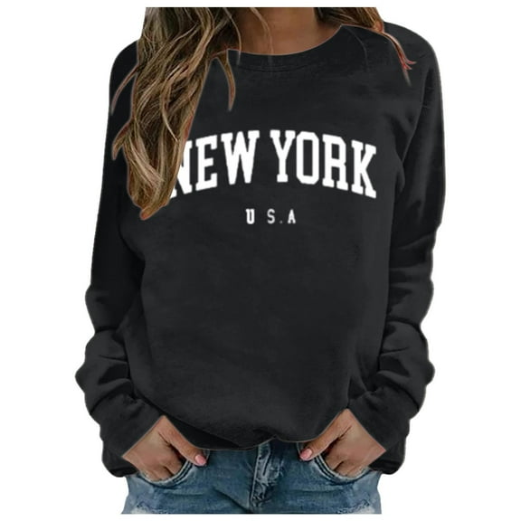 Cnbwig Pullover Sweatshirts Tops Womens Letter Printed Round Neck Hoodless Street Long Sleeve Loose Hoodie Hooded Sweatshirts Ladies Tops A1-Black L