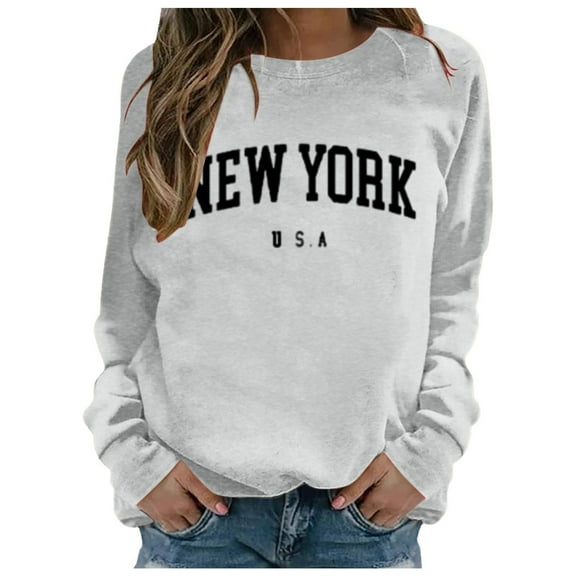 Cnbwig Pullover Sweatshirts Tops Womens Letter Printed Round Neck Hoodless Street Long Sleeve Loose Hoodie Hooded Sweatshirts Ladies Tops A4-Light Gray XL