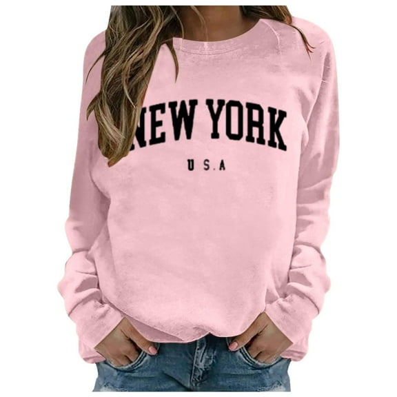 Cnbwig Pullover Sweatshirts Tops Womens Letter Printed Round Neck Hoodless Street Long Sleeve Loose Hoodie Hooded Sweatshirts Ladies Tops A7-Pink L