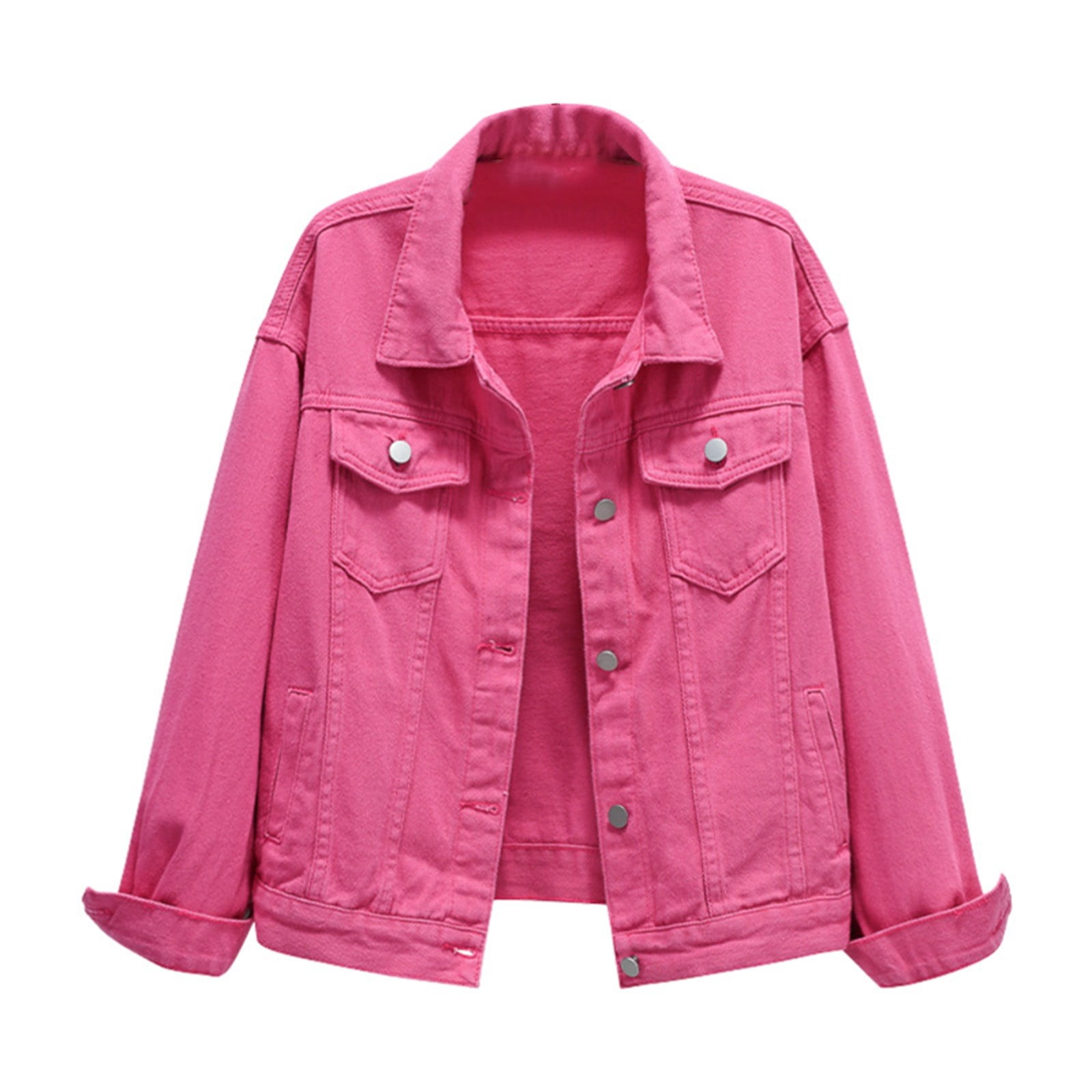 Quilted Jackets for Women Solid Color Denim Coat Loose Lapel Button Down Short Jean Jacket Outwear Casual Outwear Coats A-Hot Pink L