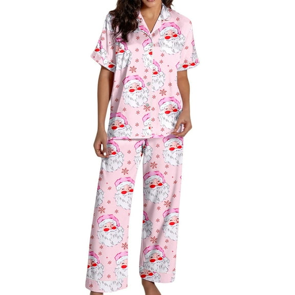 Cnbwig Satin Pajama Sets for Womens Christmas Graphic Printed Short Sleeve Button Down Top with Straight Leg Loose Pants for Holiday F-Pink S