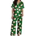 thumbnail image 1 of Cnbwig Satin Pajama Sets for Womens Christmas Santa Printed Short Sleeve Button Down Top with Straight Leg Loose Pants for Holiday E-Green S, 1 of 6