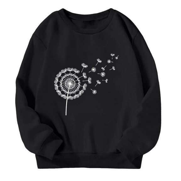 Cnbwig Shirts Fashion Fall Girls Tops Casual Sweatshirts Long Sleeve Loose Dandelion Printed Drop Shoulder Pullover Casual Top Hooded Sweatshirt Girl Jacket Coat A15-Black 5-6 T
