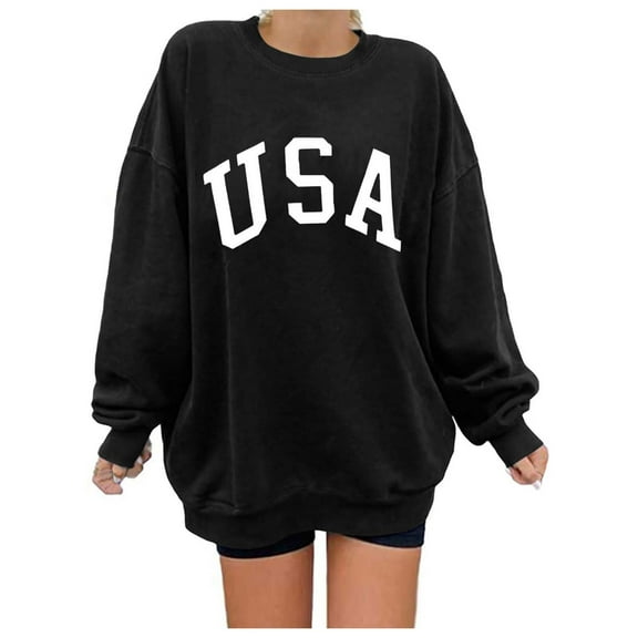 Cnbwig Shirts Fashion Fall Womens Tops "Usa" Letter Print Sweatshirt Crewneck Tops Long Sleeve Drop Shoulder Loose Hoodless Hooded Sweatshirt Women Jacket Coat A21-Black XXL