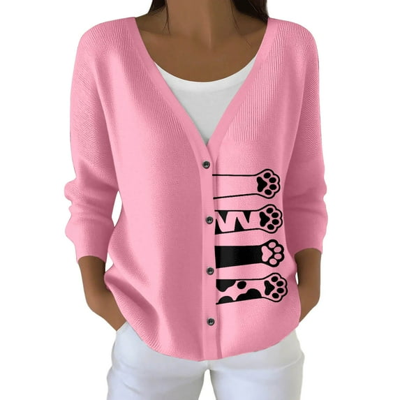 Cnbwig Sweaters for Women Trendy Elegant Long Sleeve Knit Cardigan Button Down Sweater Letter Knitted Coat Loose V Neck Jacket Fashion Hoodies Casual Sweaters A-Pink L