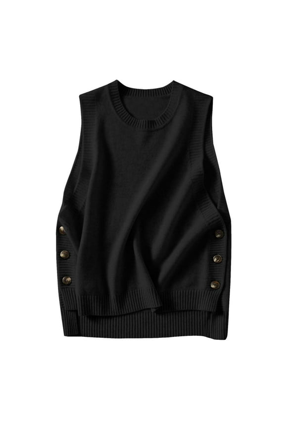Sweaters for Women Trendy Loose Slouchy Style Sleeveless Top Sweater Vest Solid Color with Side Button Slit Pullover Outwear Trendy Sweatshirts A-Black L