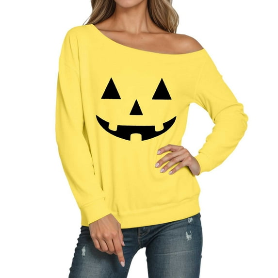Cnbwig Sweatshirt for Women Loose Fit Casual Halloween Long Sleeve Off Shoulder Sweatshirt Sexy Crewneck Hoodless Tops Graphic Tee Shirts Pullover Top Outfits Fashion Clothes B28-Yellow XXL