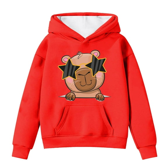 Cnbwig Sweatshirts Toddler Girl's Hoodies Cute Capybara Print Pullover Long Sleeve Hooded Drop Shoulder Sweatshirt Loose with Pockets Boys Sweater Trend Hoodie B-Red 13-14 T