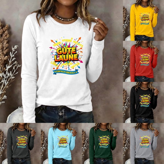 Cnbwig T Shirts for Women Fashion Casual Graphic Print Tops Round Neck Long Sleeve T Shirt for Soft Daily Wear Blouse