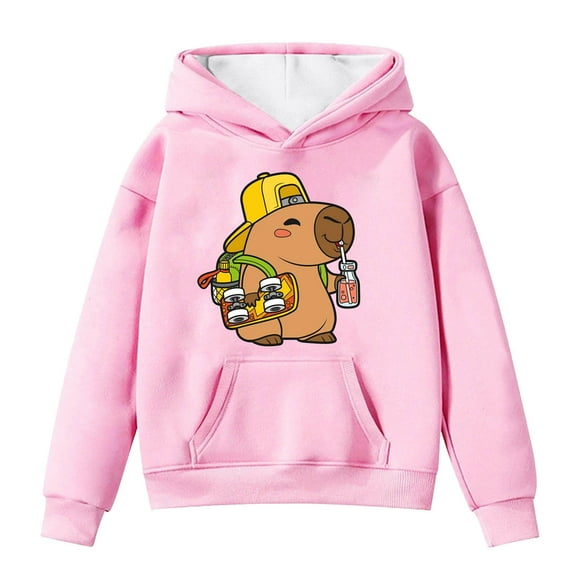 Cnbwig Toddle Girl Sweatshirts Casual Cute Capybara Print Pullover Long Sleeve Hooded Drop Shoulder Sweatshirt Loose with Pockets Girls Sweater Blouses B-Pink 12-13 T