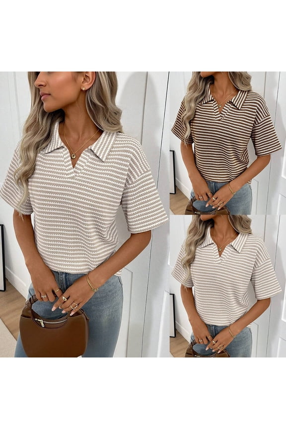 Tops for Womens Collared Solid Color Knit Pullover Loose Lapel V Neck Polo Tops Loose Short Sleeved T Shirt