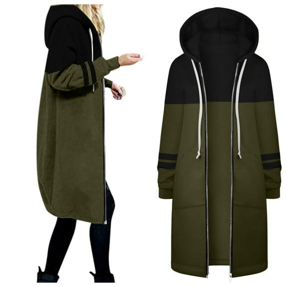 Cnbwig Trench Coat Women's Jacket Solid Color Patchwork Zipper Hooded with Drawstring Long Sleeve Loose Long Coat Outwear Outdoor Jacket Casual Plush Jacket Outwear C-Army Green M
