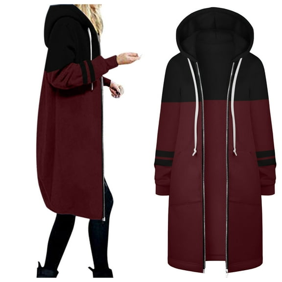 Cnbwig Trench Coat Women's Jacket Solid Color Patchwork Zipper Hooded with Drawstring Long Sleeve Loose Long Coat Outwear Outdoor Jacket Casual Plush Jacket Outwear C- S