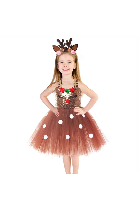 Tutu Dress for Girls with Reindeer Design Christmas Holiday Party Gown Elegant Sleeveless Outfit for Toddler and Kids Photo and Celebration Attire C-Brown 5-6 T