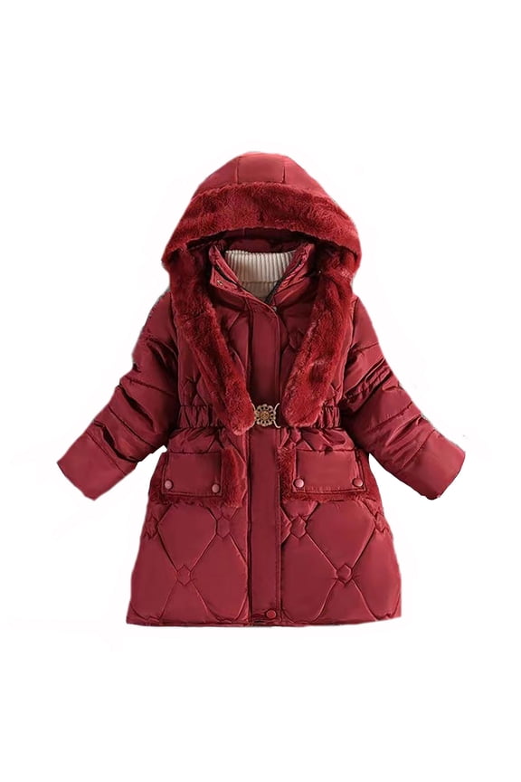 Warm Jacket for Girl Winter Coats Heavyweight Hooded Puffer Jacket Kid Parka Snow Outwear Solid Color Child Padded Jackets B-Red 4-5 T