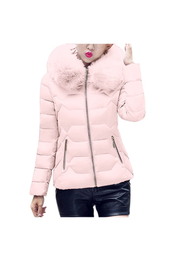 Warm Jackets for Women Fleece Hooded Coat Short Solid Color Padded Jacket Winter Warm Zipper Outdoor Thick Slim with Pocket Fashion Outwear Causal Coats A-Pink 3XL