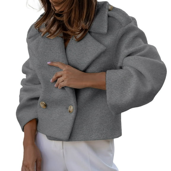 Cnbwig Winter Coats for Women Solid Color Long Sleeved Short Crop Thick Warm Button Double Lapel Woolen Jacket Fashion Outerwear Jackets A-Grey S