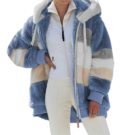 Cnbwig Winter Coats for Women Thick Patchwork Color Oversize Warm Hooded Outdoor Zipper Soft Coat with Pocket for Overcoat Casual Loose Jacket B-Blue 5XL