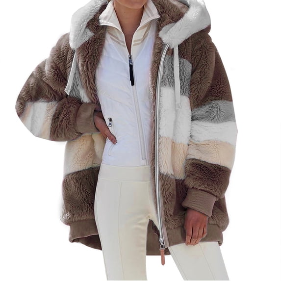 Cnbwig Winter Coats for Women Thick Patchwork Color Oversize Warm Hooded Outdoor Zipper Soft Coat with Pocket for Overcoat Casual Loose Jacket B-Khaki M