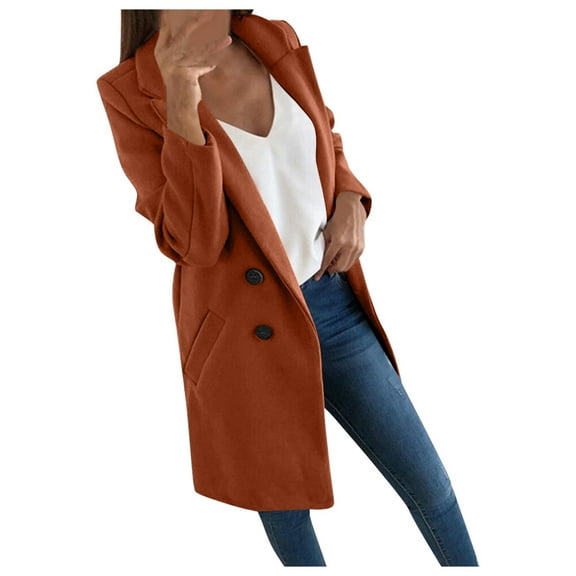 Cnbwig Winter Coats for Women Autumn Solid Color Button Dressy Elegant Collar Slim Fit Windbreaker Long Coat Ladies Jackets Fall Coats A-Orange L