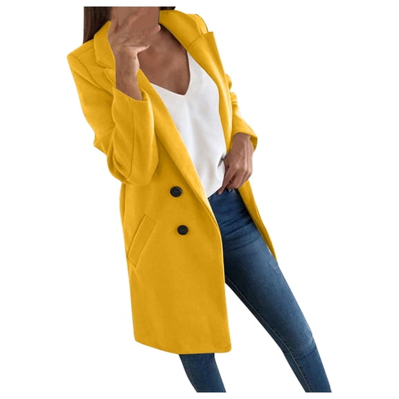 Cnbwig Winter Coats for Women Autumn Solid Color Button Dressy Elegant Collar Slim Fit Windbreaker Long Coat Ladies Jackets Fall Coats A-Yellow L