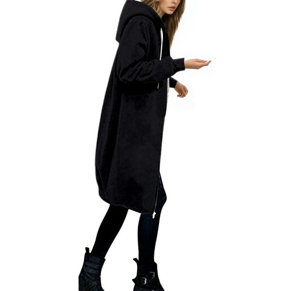Cnbwig Winter Coats for Women Fleece Warm Hooded Zip Up Coat Soft Outerwear Solid Color Thick Long Jacket Top Daily Coats for Ladies A-Black 4XL