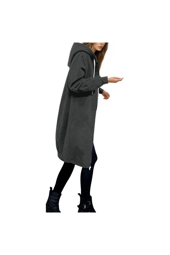 Winter Coats for Women Fleece Warm Hooded Zip Up Coat Soft Outerwear Solid Color Thick Long Jacket Top Daily Coats for Ladies A-GY1 XL