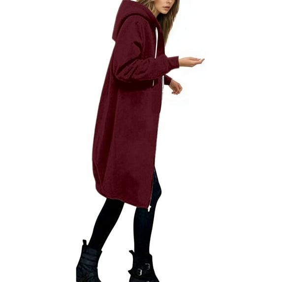 Cnbwig Winter Coats for Women Fleece Warm Hooded Zip Up Coat Soft Outerwear Solid Color Thick Long Jacket Top Daily Coats for Ladies A-RD2 XL