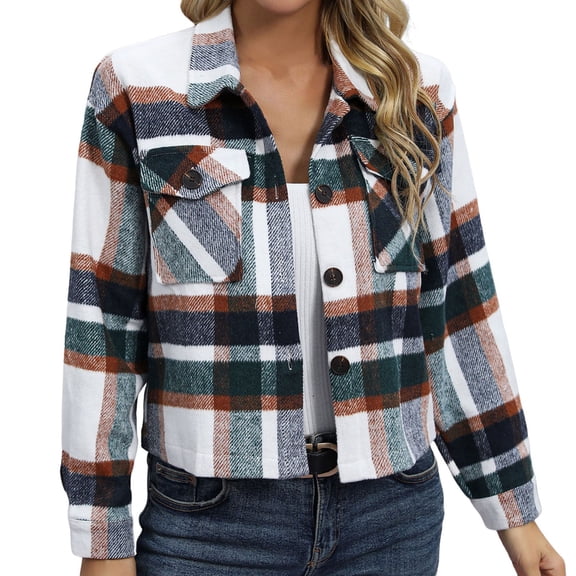 Cnbwig Winter Coats for Women Plaid Woolen Cropped Shacket Jacket Button Down Lapel Shirt Crop Coat Elegant Thick Ladies Jackets Fall Coats A-Green S